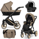 Kunert Ivento 3in1 beige caramel e oro – navicella in tessuto, seduta, ovetto Cosmo e borsa fasciatoio