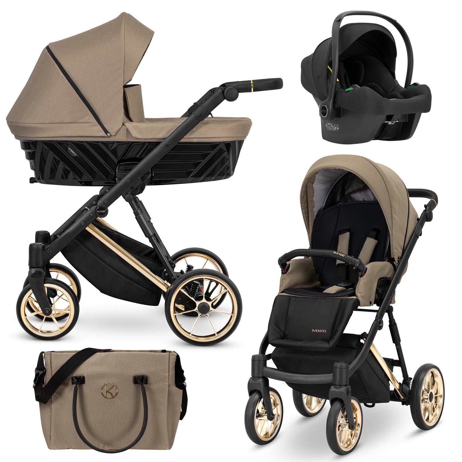Kunert Ivento 3in1 beige caramel e oro – navicella in tessuto, seduta, ovetto Cosmo e borsa fasciatoio