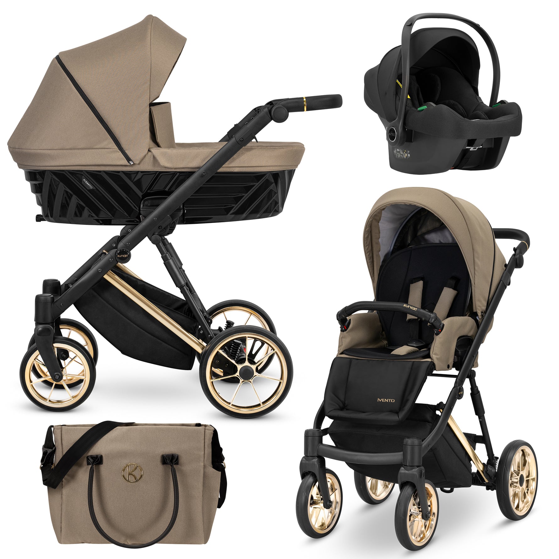 Kunert Ivento 3in1 beige caramel e oro – navicella in tessuto, seduta, ovetto Cosmo e borsa fasciatoio