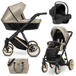 Sistema completo Kunert Ivento beige dorato 3in1 navicella seduta ovetto e borsa fasciatoio, telaio nero e oro