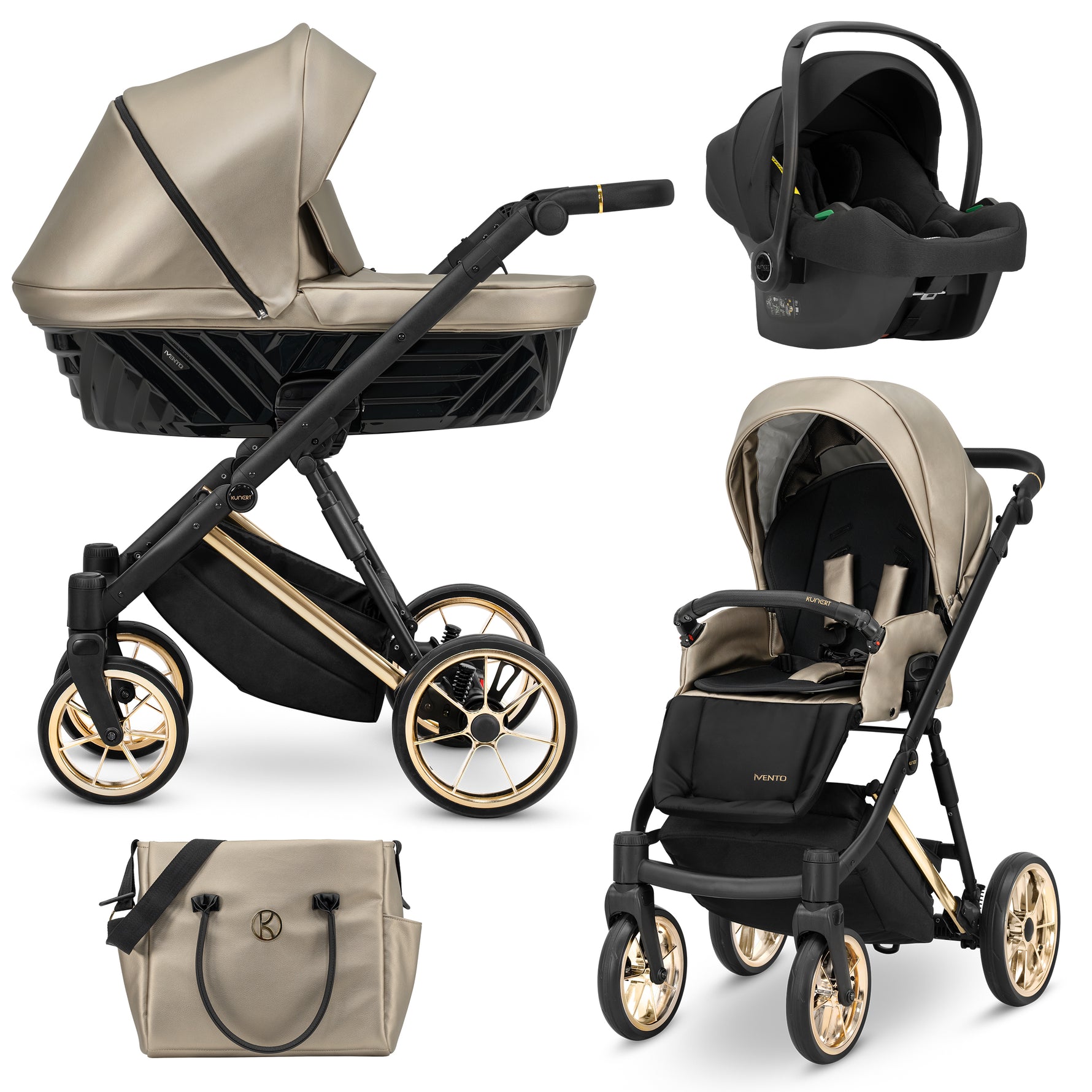 Sistema completo Kunert Ivento beige dorato 3in1 navicella seduta ovetto e borsa fasciatoio, telaio nero e oro