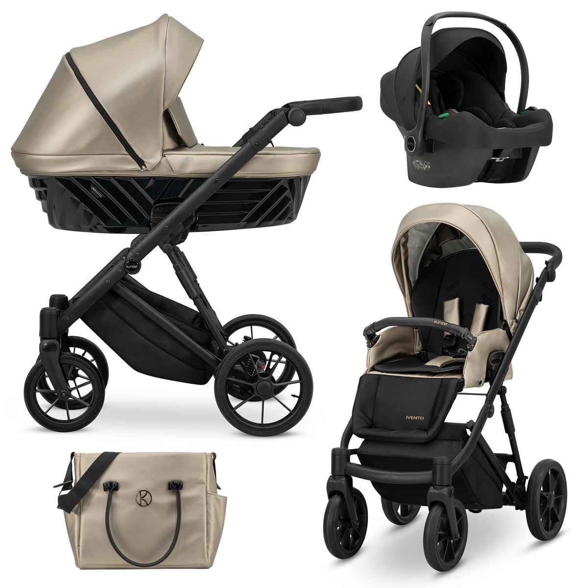 Sistema completo Kunert Ivento beige dorato 3in1 navicella seduta ovetto e borsa fasciatoio, ruote nere