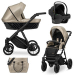 Sistema completo Kunert Ivento beige dorato 3in1 navicella seduta ovetto e borsa fasciatoio, ruote nere