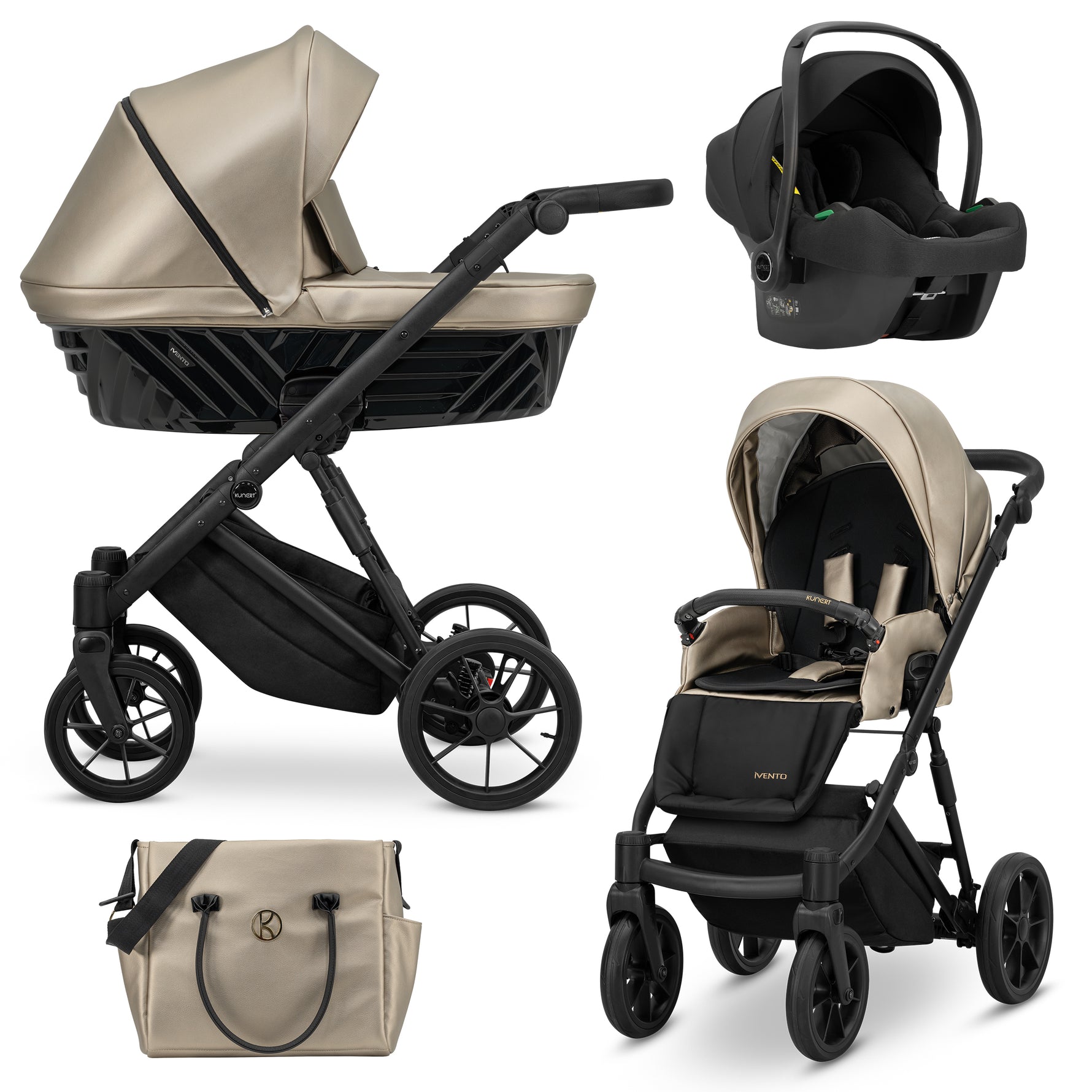 Sistema completo Kunert Ivento beige dorato 3in1 navicella seduta ovetto e borsa fasciatoio, ruote nere