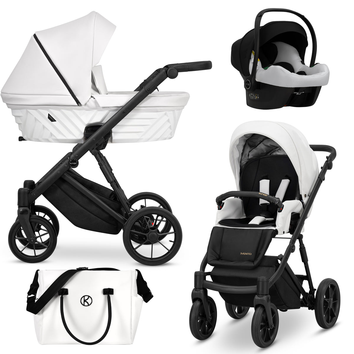 Passeggino trio Kunert Ivento Black Style – navicella, seduta imbottita, seggiolino auto e borsa mamma