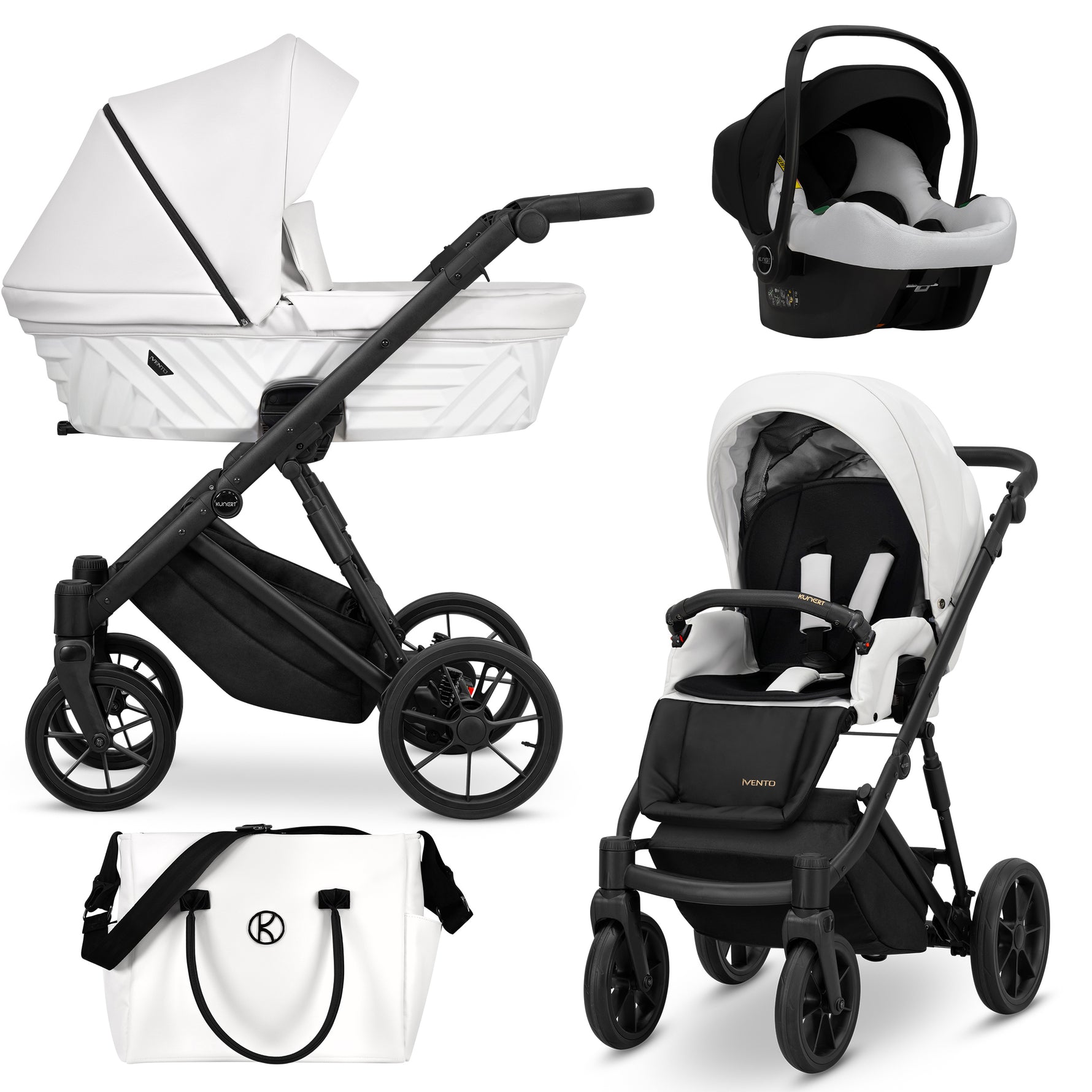 Passeggino trio Kunert Ivento Black Style – navicella, seduta imbottita, seggiolino auto e borsa mamma