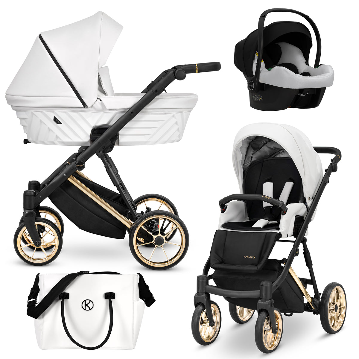 Kunert Ivento 3in1 bianco oro: navicella eco-pelle, seduta, ovetto Cosmo e borsa fasciatoio abbinata