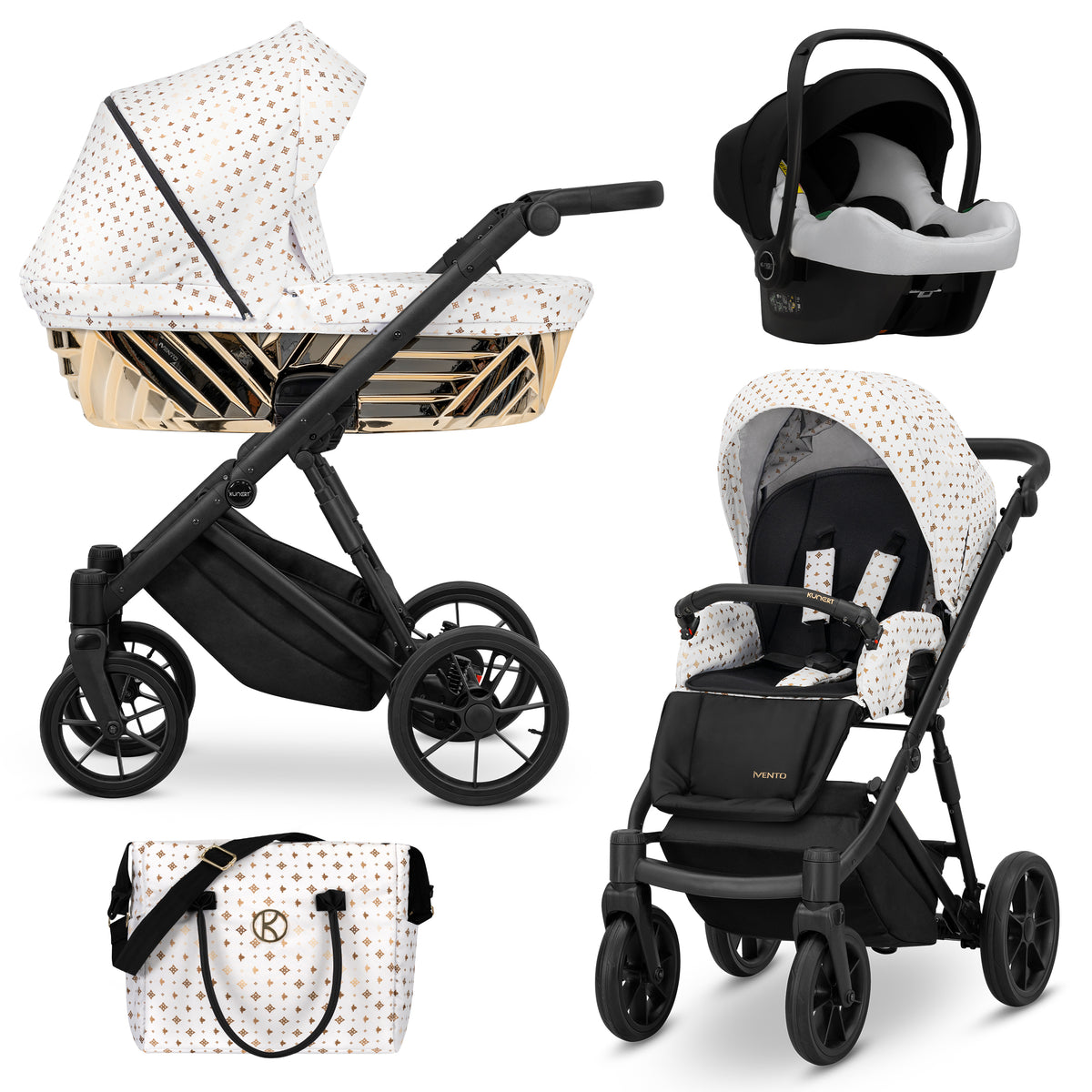 Passeggino Kunert Ivento 3in1 Bianco Oro telaio nero con navicella, seduta e seggiolino Cosmo