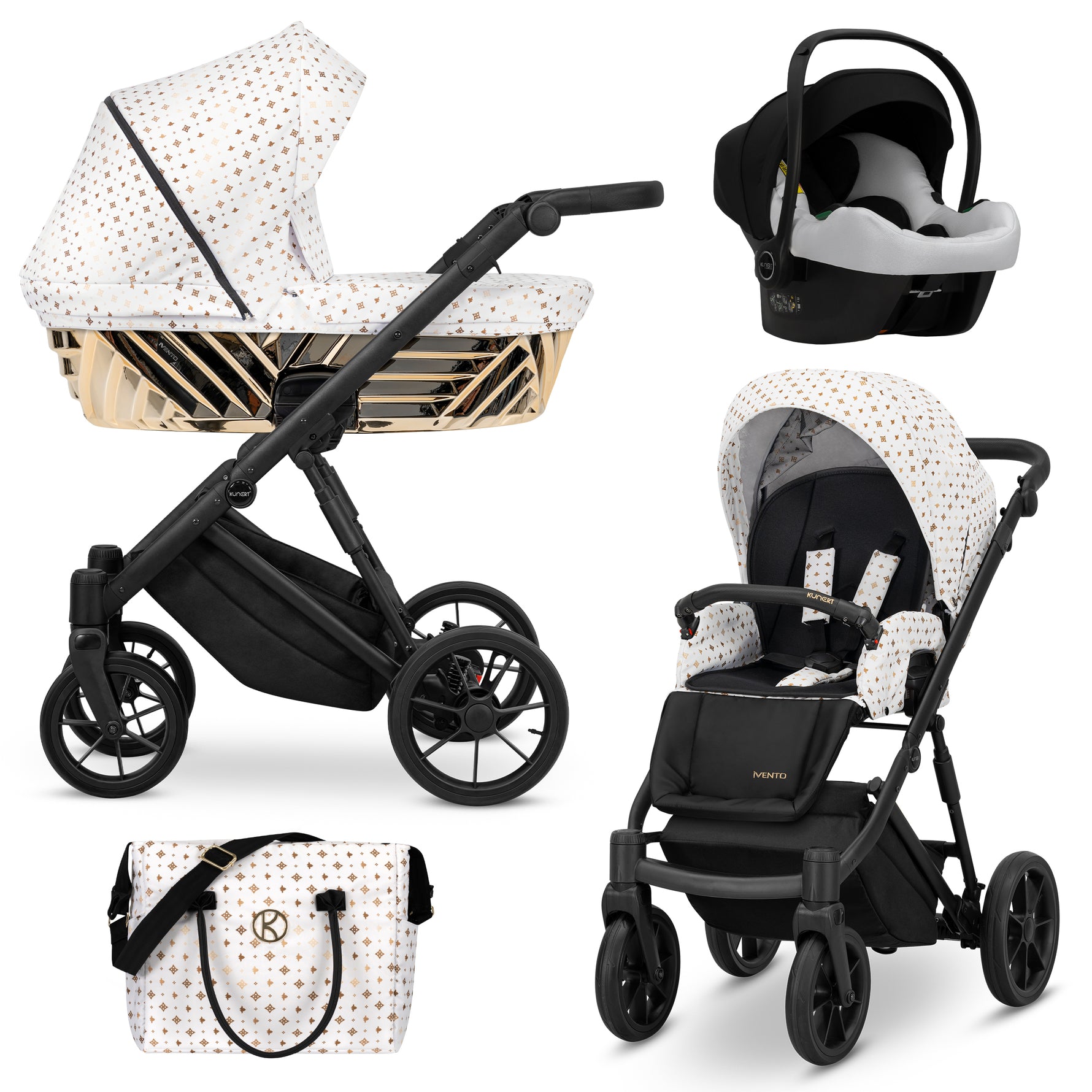 Passeggino Kunert Ivento 3in1 Bianco Oro telaio nero con navicella, seduta e seggiolino Cosmo