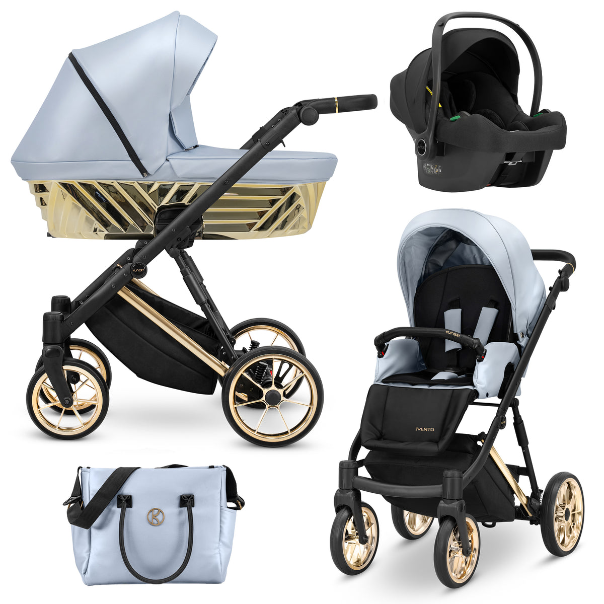 Passeggino Kunert Ivento 3in1 Eco Azzurro Metallico con navicella, seduta e seggiolino auto Cosmo