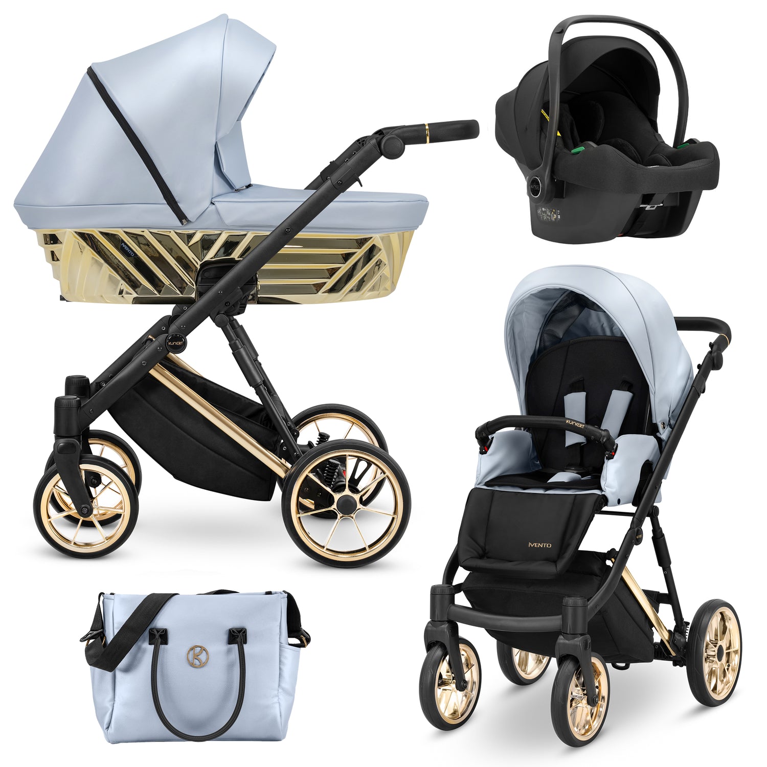 Passeggino Kunert Ivento 3in1 Eco Azzurro Metallico con navicella, seduta e seggiolino auto Cosmo