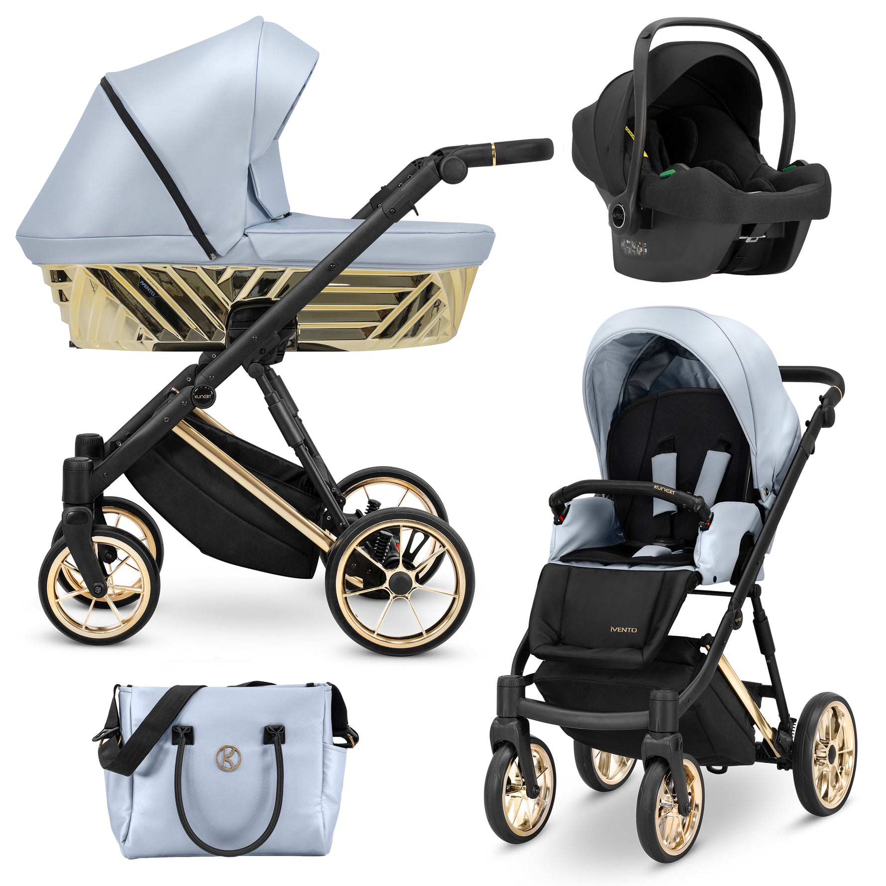 Passeggino Kunert Ivento 3in1 Eco Azzurro Metallico con navicella, seduta e seggiolino auto Cosmo