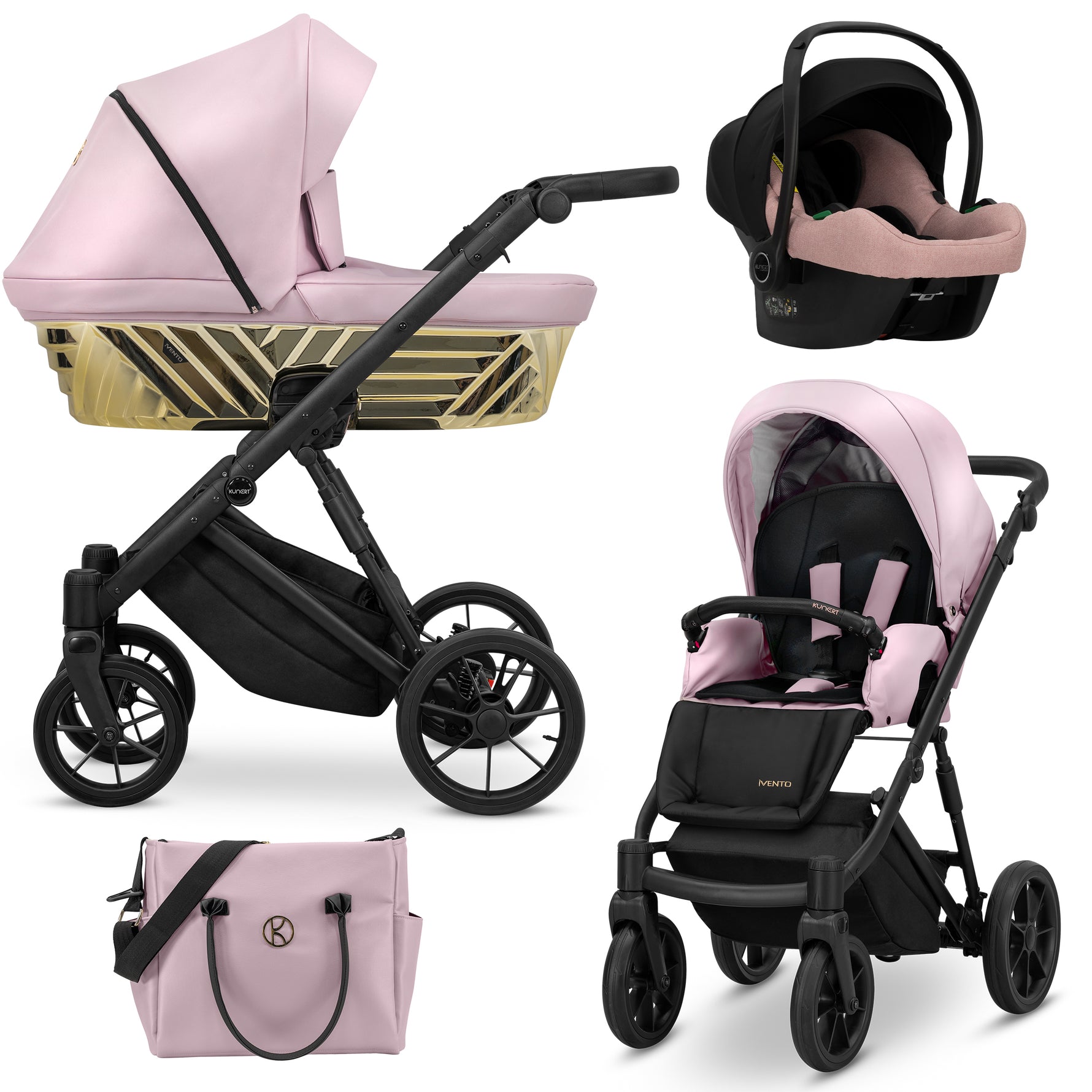 Passeggino Kunert Ivento 3in1 Eco Rosa Metallic con navicella, seduta e seggiolino auto Cosmo