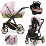 asseggino Kunert Ivento 3in1 Eco Rosa Metallico con cerchi dorati, navicella, seduta e seggiolino Cosmo