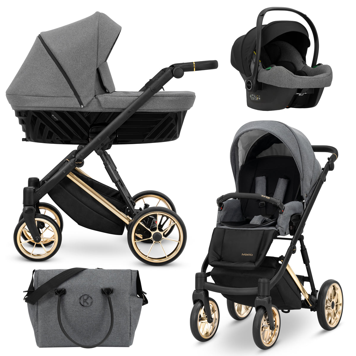 Kunert Ivento 3in1 grigio grafite e oro – navicella tessuto, seduta, ovetto Cosmo e borsa fasciatoio