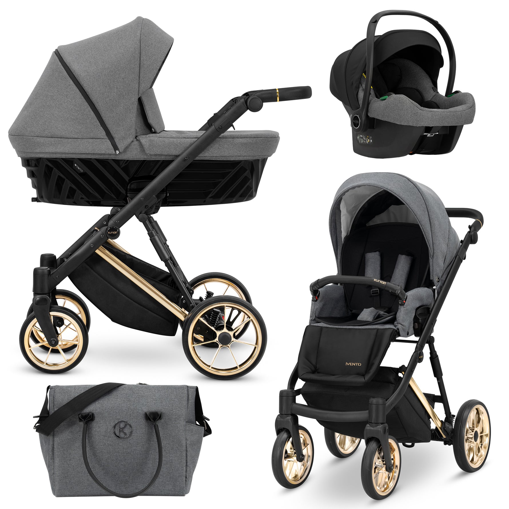 Kunert Ivento 3in1 grigio grafite e oro – navicella tessuto, seduta, ovetto Cosmo e borsa fasciatoio