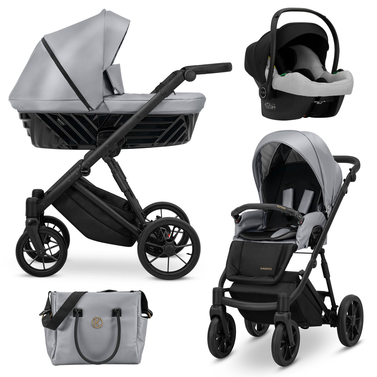 Sistema completo Kunert Ivento grigio metallizzato 3in1 navicella seduta ovetto e borsa fasciatoio, ruote nere