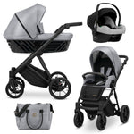 Sistema completo Kunert Ivento grigio metallizzato 3in1 navicella seduta ovetto e borsa fasciatoio, ruote nere