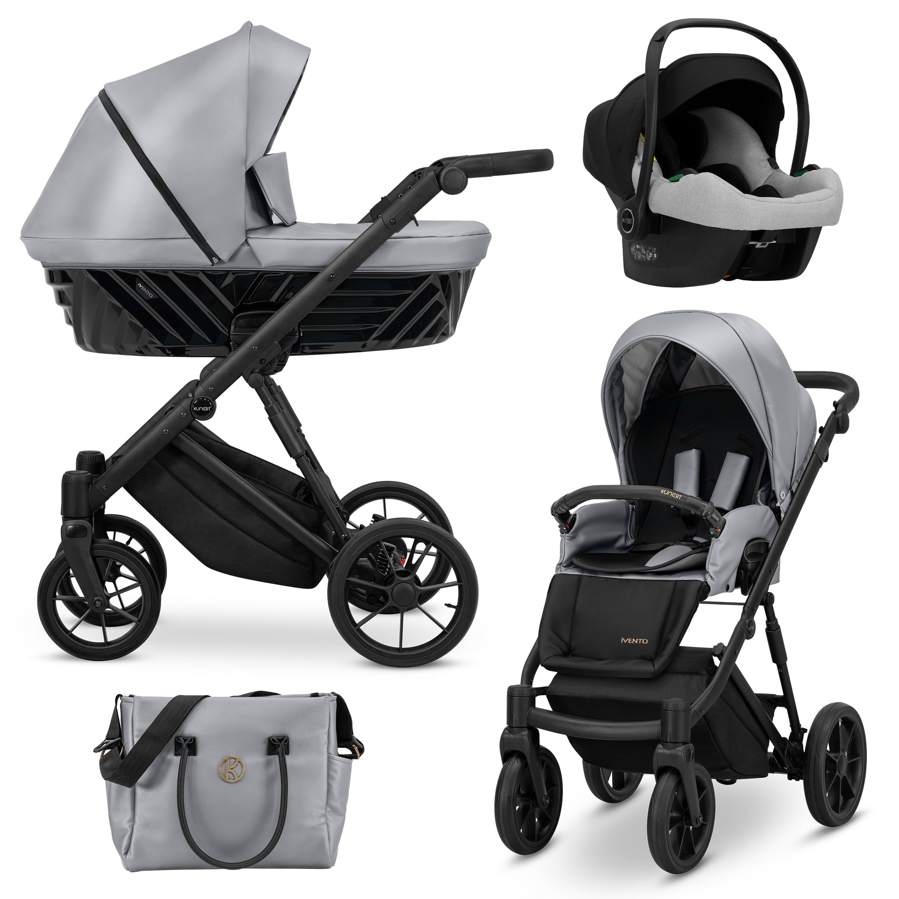 Sistema completo Kunert Ivento grigio metallizzato 3in1 navicella seduta ovetto e borsa fasciatoio, ruote nere