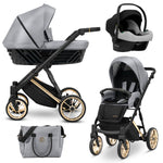 Sistema modulare Kunert Ivento grigio metallizzato 3in1 con navicella, seduta sportiva, ovetto e borsa coordinata, telaio oro
