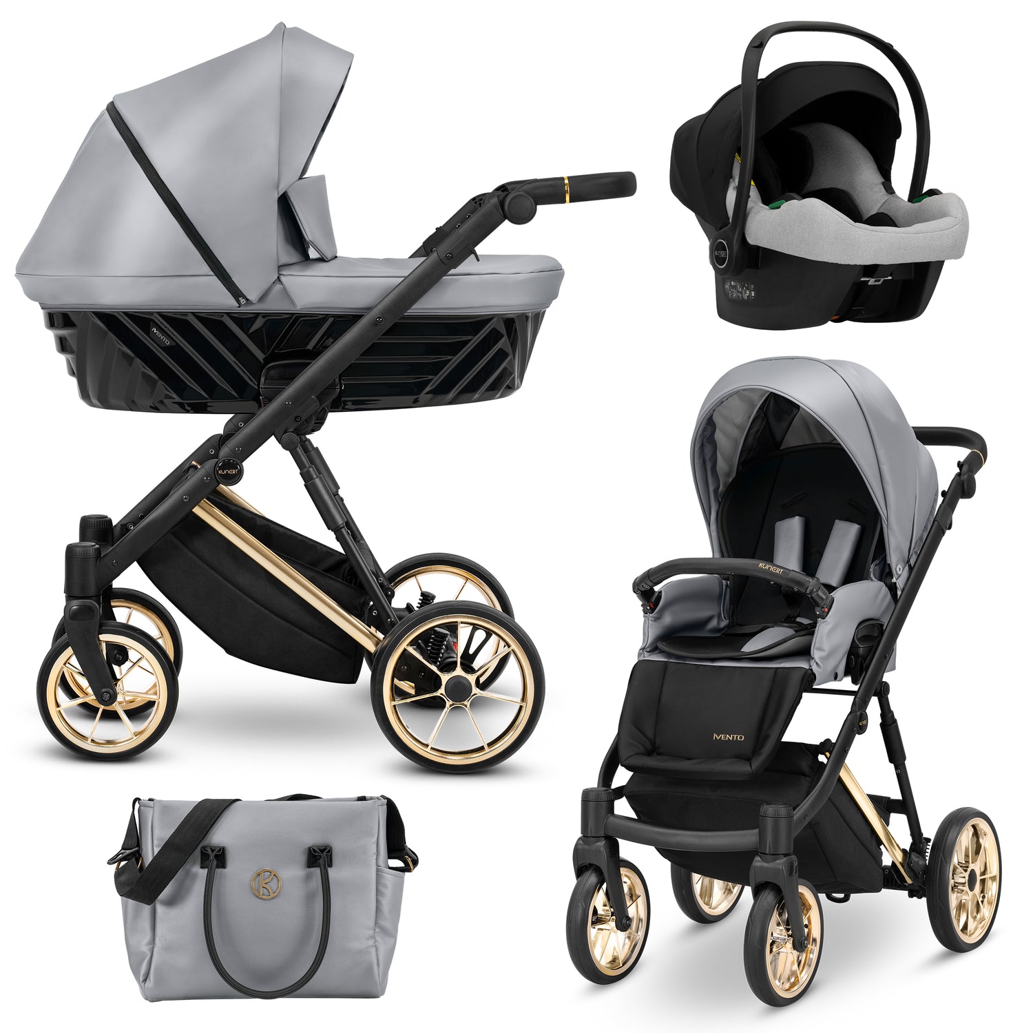 Sistema modulare Kunert Ivento grigio metallizzato 3in1 con navicella, seduta sportiva, ovetto e borsa coordinata, telaio oro