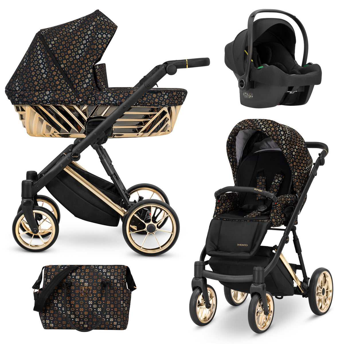 Passeggino Kunert Ivento 3in1 Nero Oro con navicella, seduta e seggiolino auto Cosmo