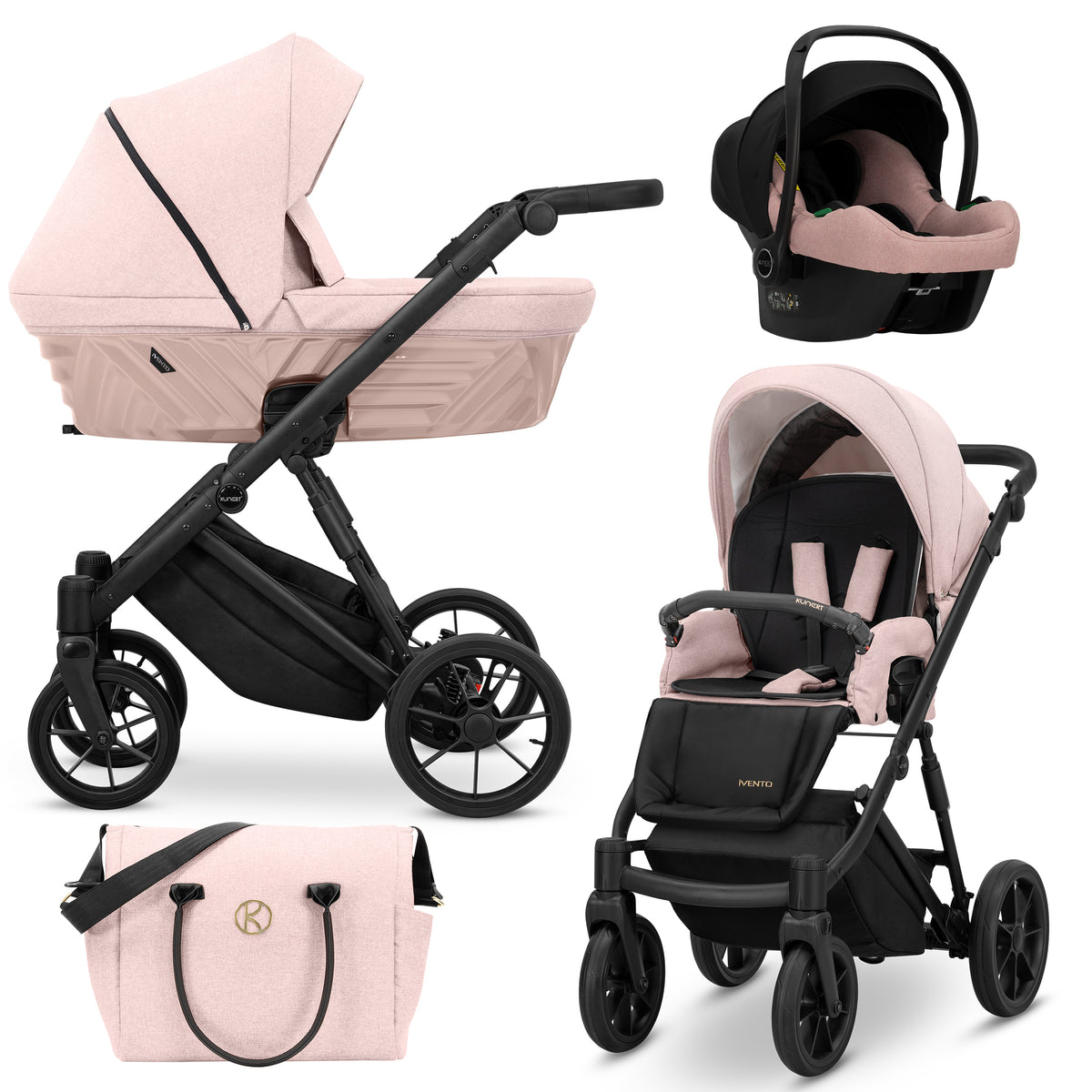 Kunert Ivento 3in1 rosa cipria e nero – navicella in tessuto, seduta, ovetto Cosmo e borsa fasciatoio