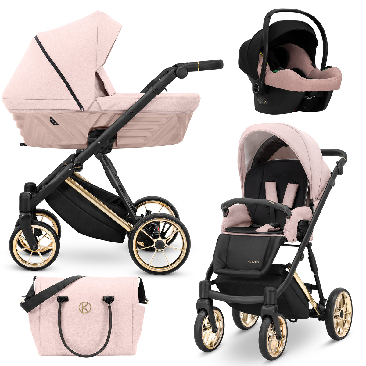 Kunert Ivento 3in1 rosa cipria e oro – navicella in tessuto, seduta, ovetto Cosmo e borsa fasciatoio