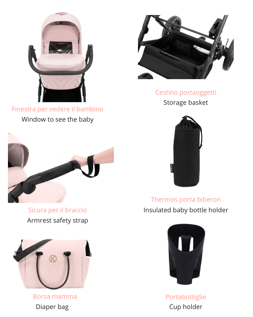 Kunert Ivento 3in1 accessori inclusi: borsa mamma, cestino portaoggetti, thermos biberon, portabottiglie e cinghia sicurezza