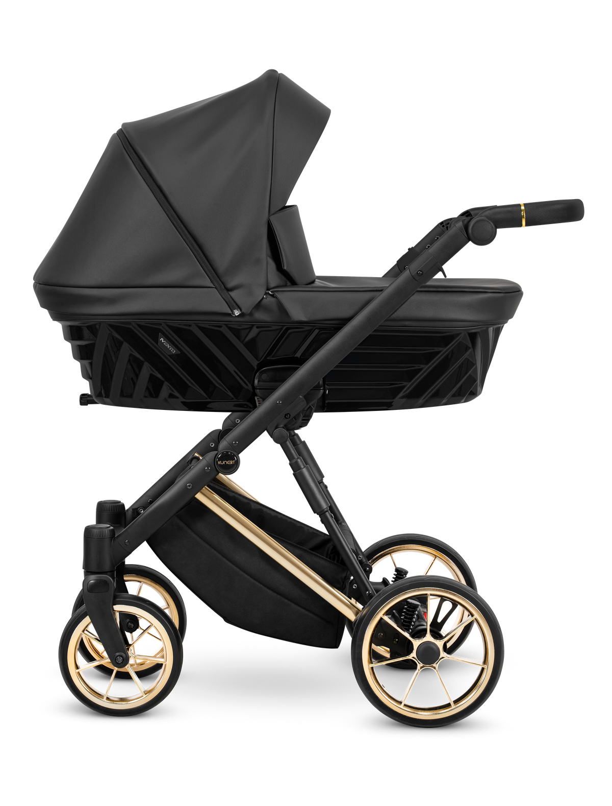 Passeggino neonato Kunert Ivento Black Pearl nero ruote oro, navicella dalla nascita reclinabile