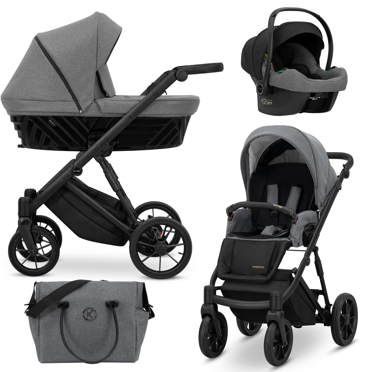 Kunert Ivento 3in1 grigio grafite e nero – navicella tessuto, seduta, ovetto Cosmo e borsa fasciatoio, telaio nero 