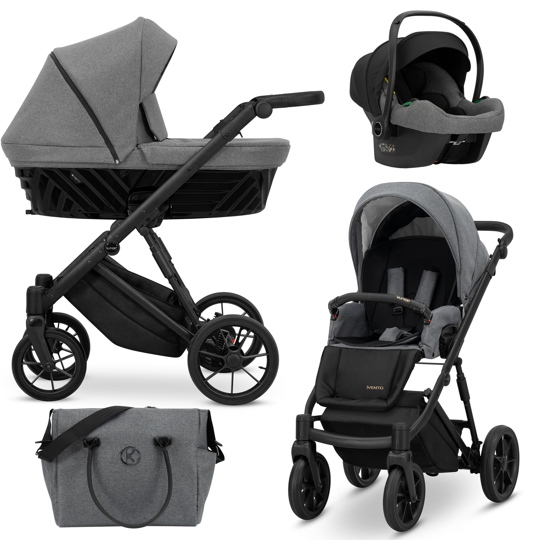 Kunert Ivento 3in1 grigio grafite e nero – navicella tessuto, seduta, ovetto Cosmo e borsa fasciatoio, telaio nero 