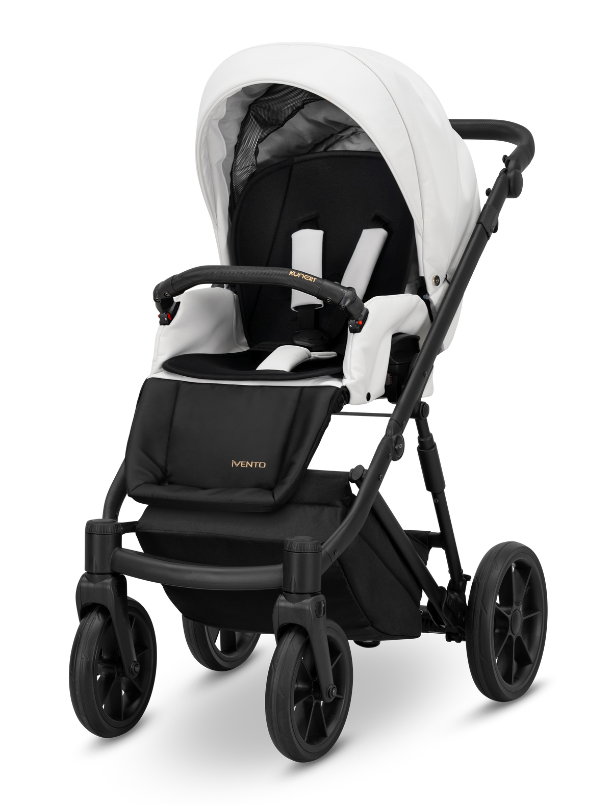 Passeggino Kunert Ivento Black Style – seduta imbottita bianco nero, telaio tutto nero, cerchi neri