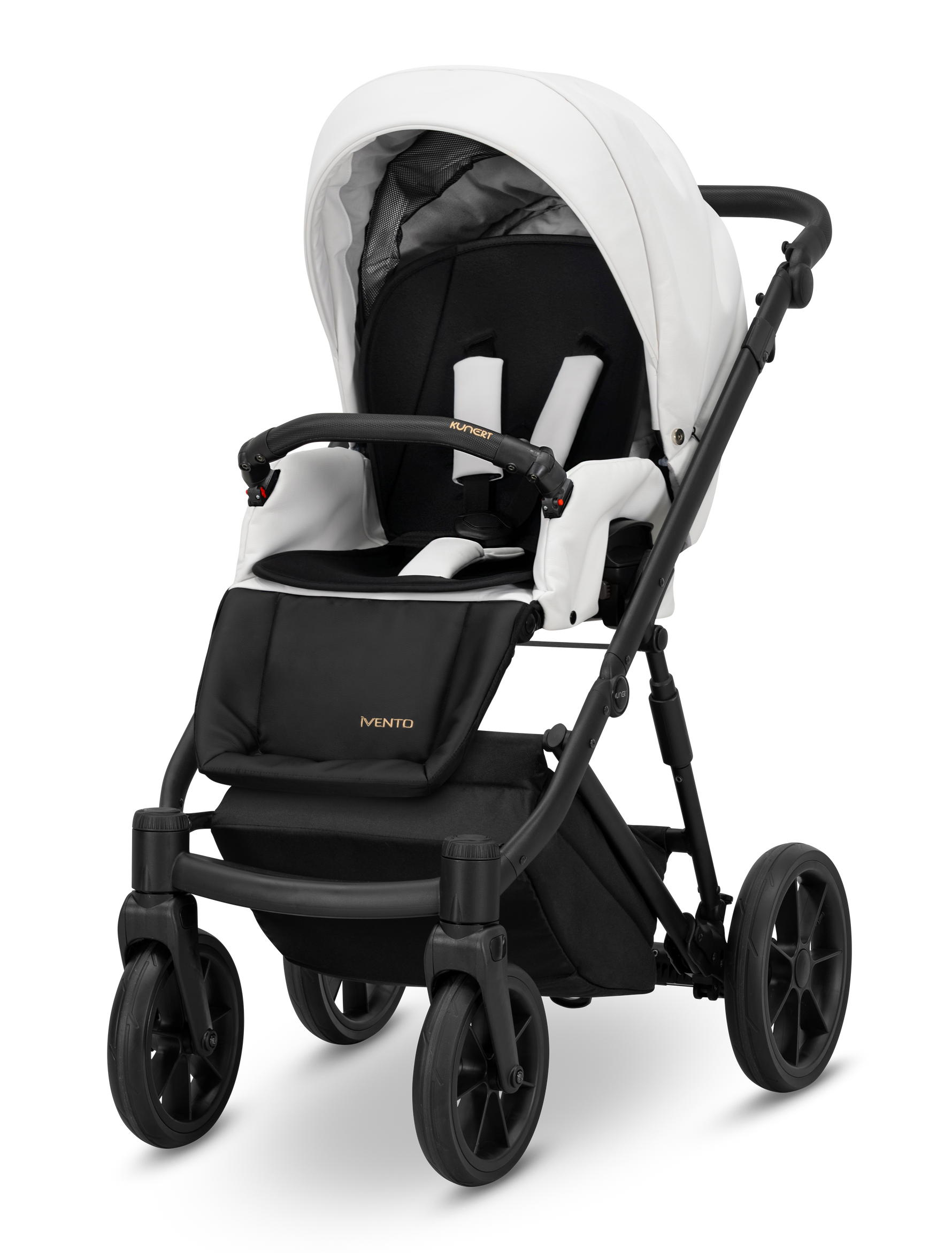Passeggino Kunert Ivento Black Style – seduta imbottita bianco nero, telaio tutto nero, cerchi neri