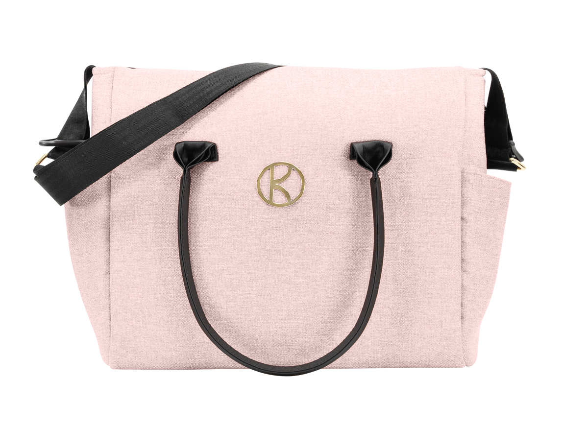 Borsa mamma Kunert rosa cipria in tessuto melange, manici neri e logo oro – abbinata passeggino Ivento