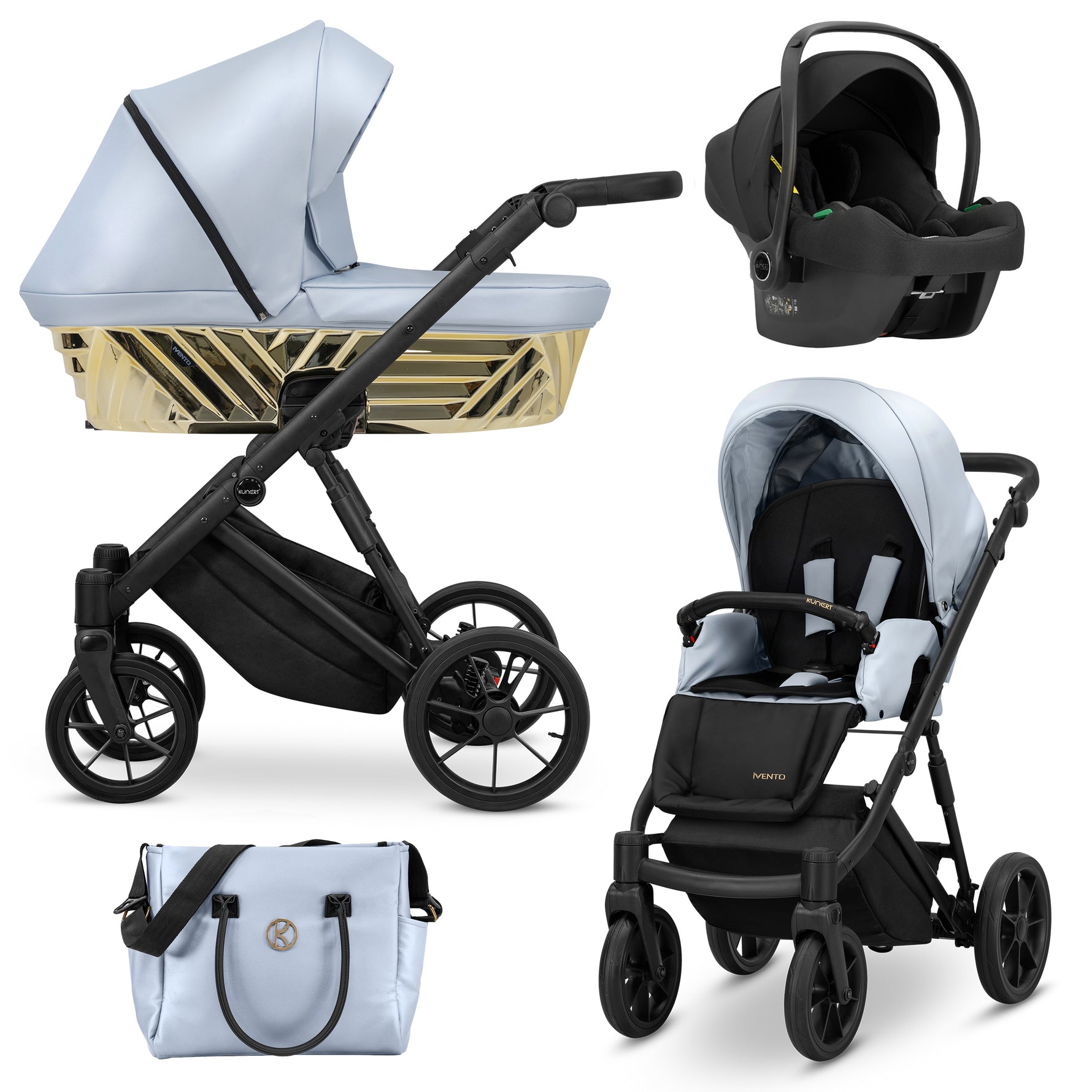 Set completo Kunert Ivento Eco Azzurro Metallico telaio nero – navicella, seduta e ovetto Cosmo