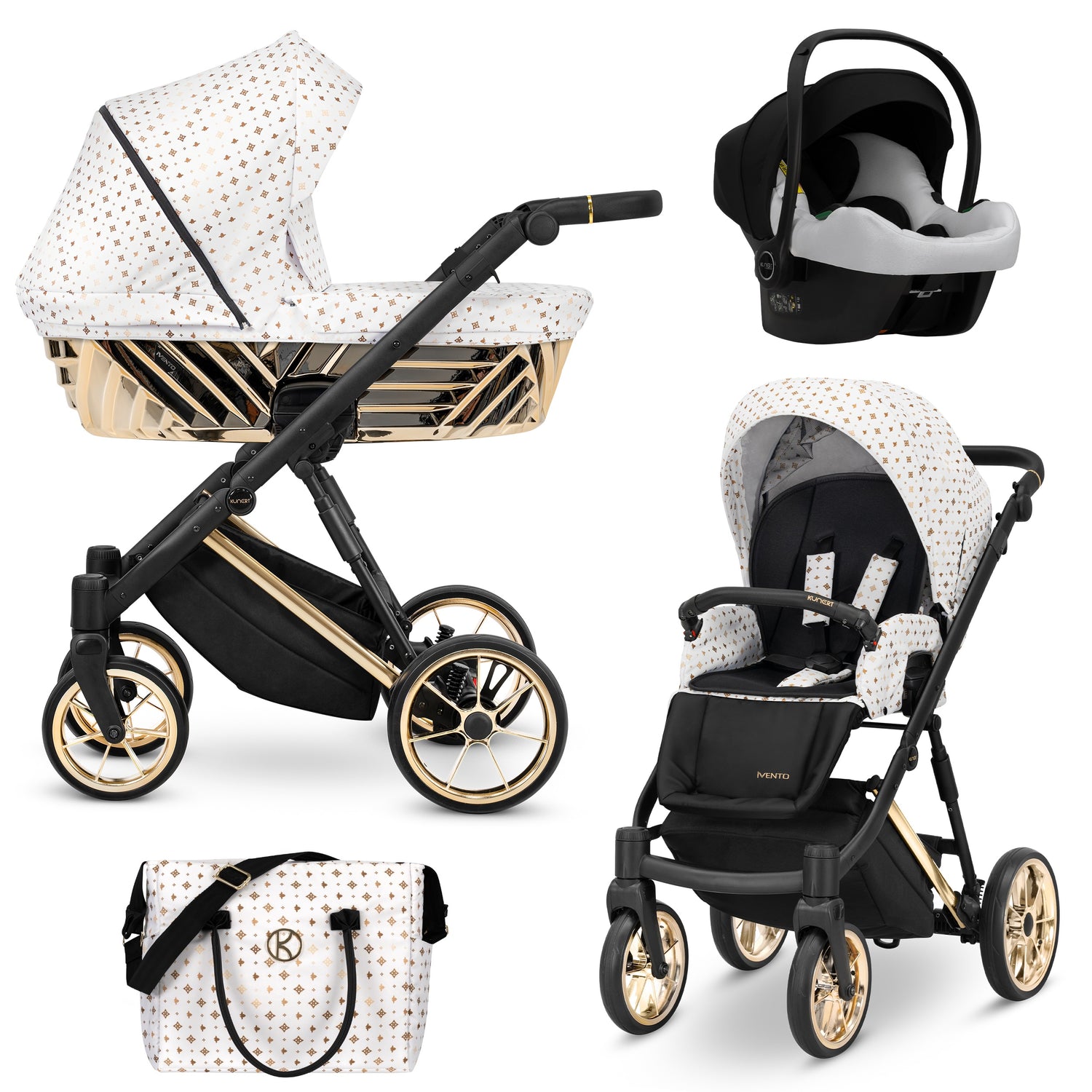 Passeggino Kunert Ivento Glam 3in1 Bianco Oro con navicella, seduta e seggiolino auto Cosmo