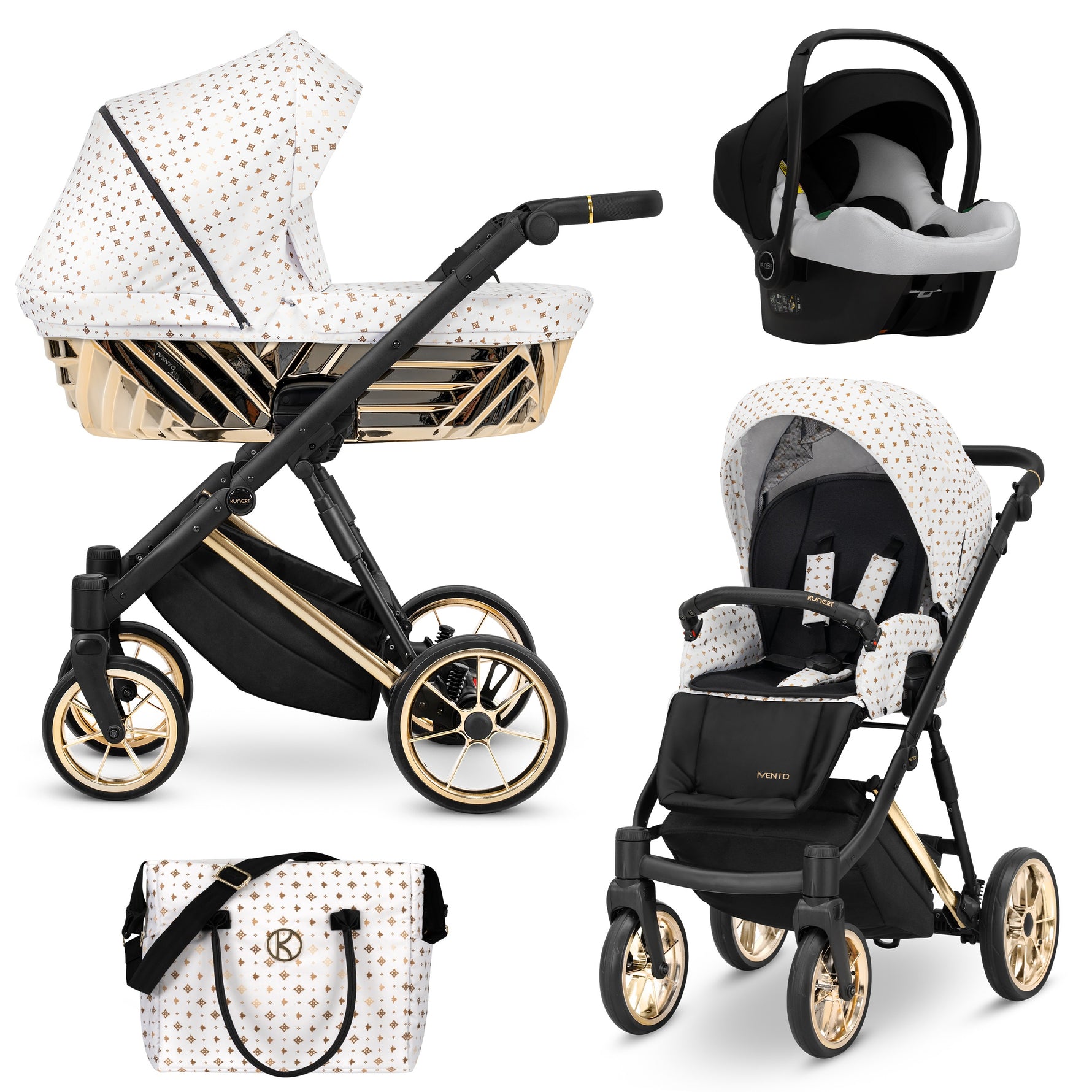 Passeggino Kunert Ivento Glam 3in1 Bianco Oro con navicella, seduta e seggiolino auto Cosmo