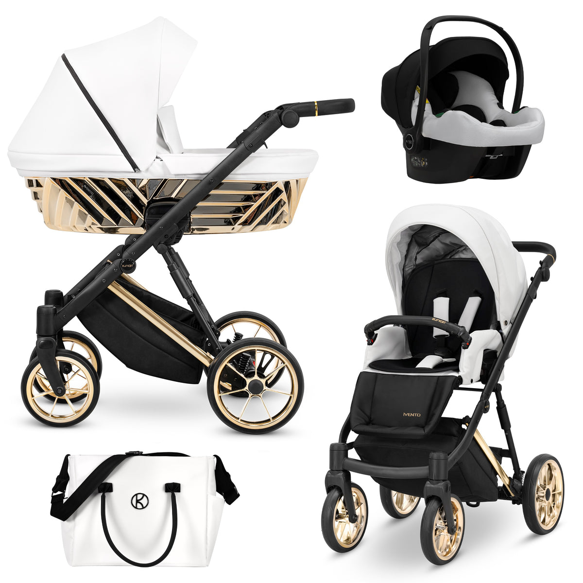 Sistema completo Kunert Ivento Glam bianco perla 3in1 navicella telaio dorato, seduta, ovetto e borsa fasciatoio, cerchi oro