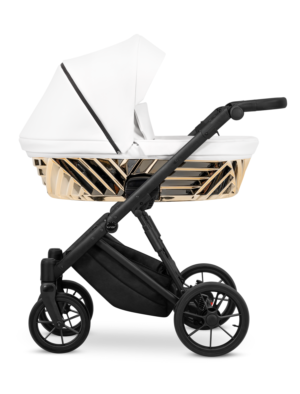 Navicella Kunert Ivento Glam ecopelle bianco perla con cesta dorata specchiata, telaio e ruote neri, vista laterale