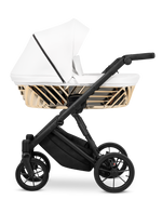 Navicella Kunert Ivento Glam ecopelle bianco perla con cesta dorata specchiata, telaio e ruote neri, vista laterale