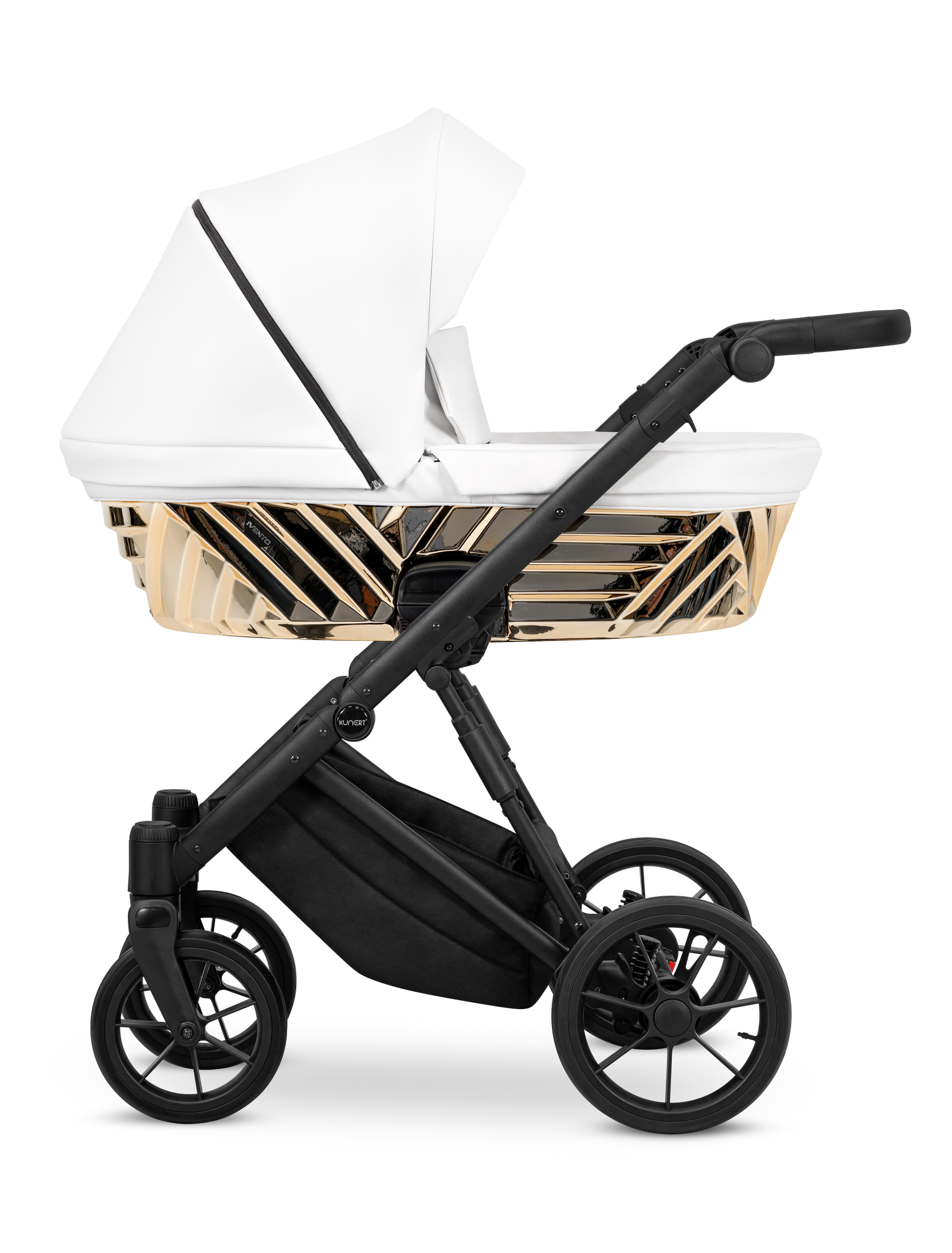 Navicella Kunert Ivento Glam ecopelle bianco perla con cesta dorata specchiata, telaio e ruote neri, vista laterale