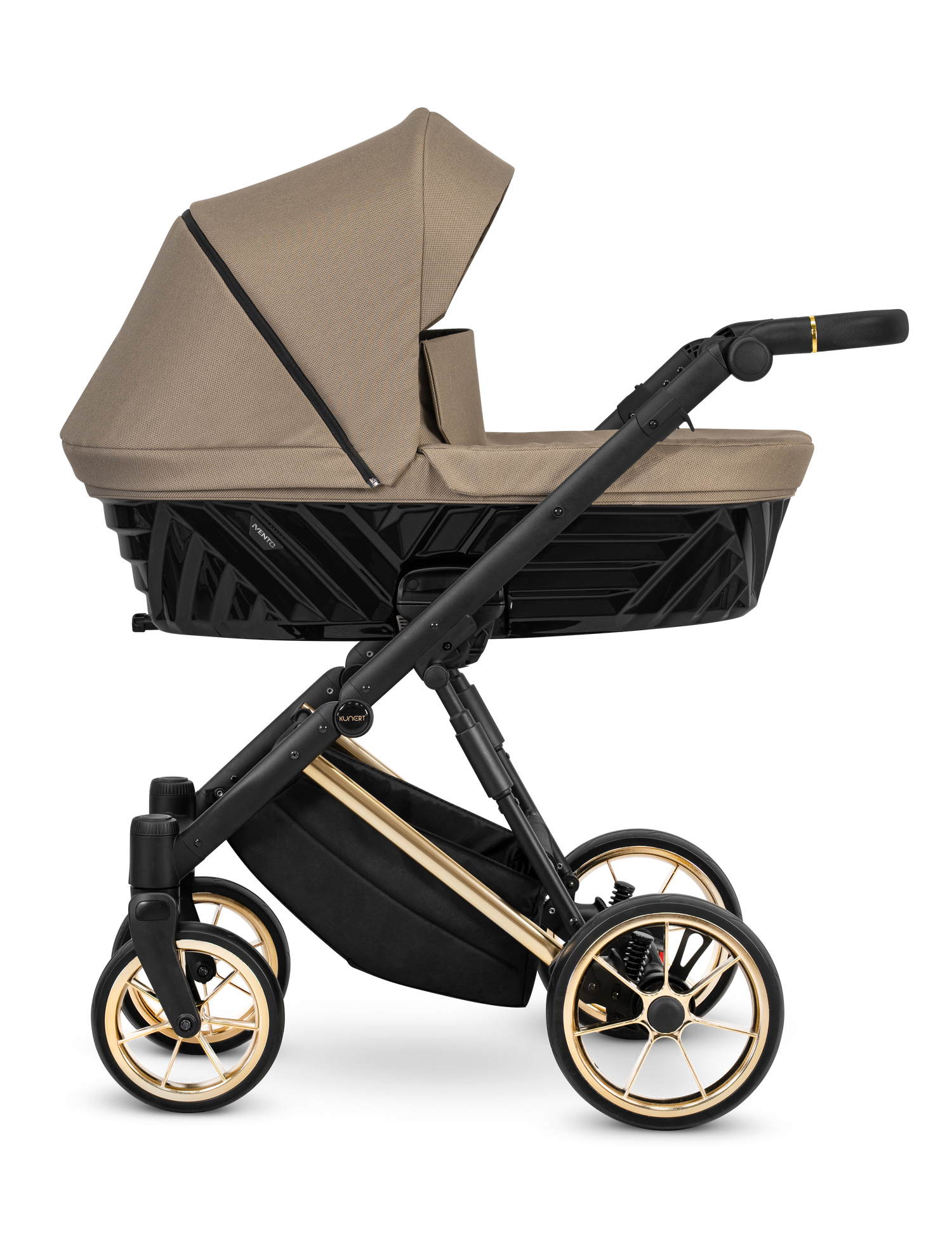 Kunert Ivento navicella in tessuto beige caramel, telaio nero con barra oro e cerchi dorati