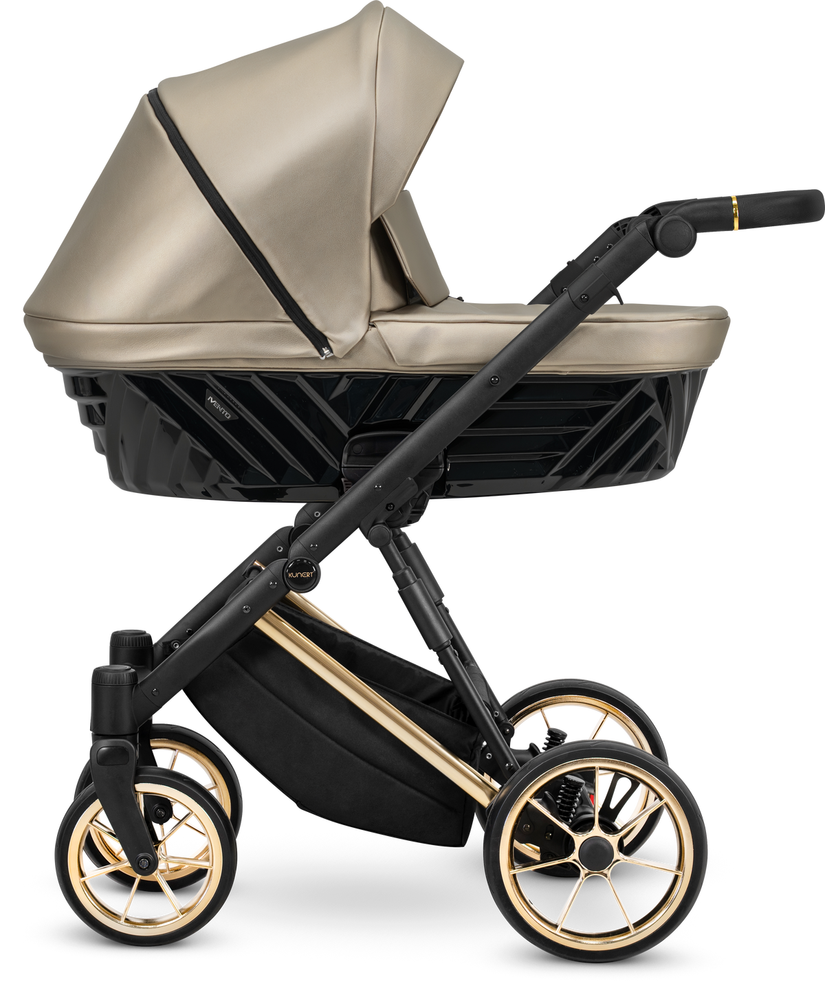 Navicella Kunert Ivento ecopelle beige dorato con telaio nero e barra oro, ruote cerchi dorati, vista laterale
