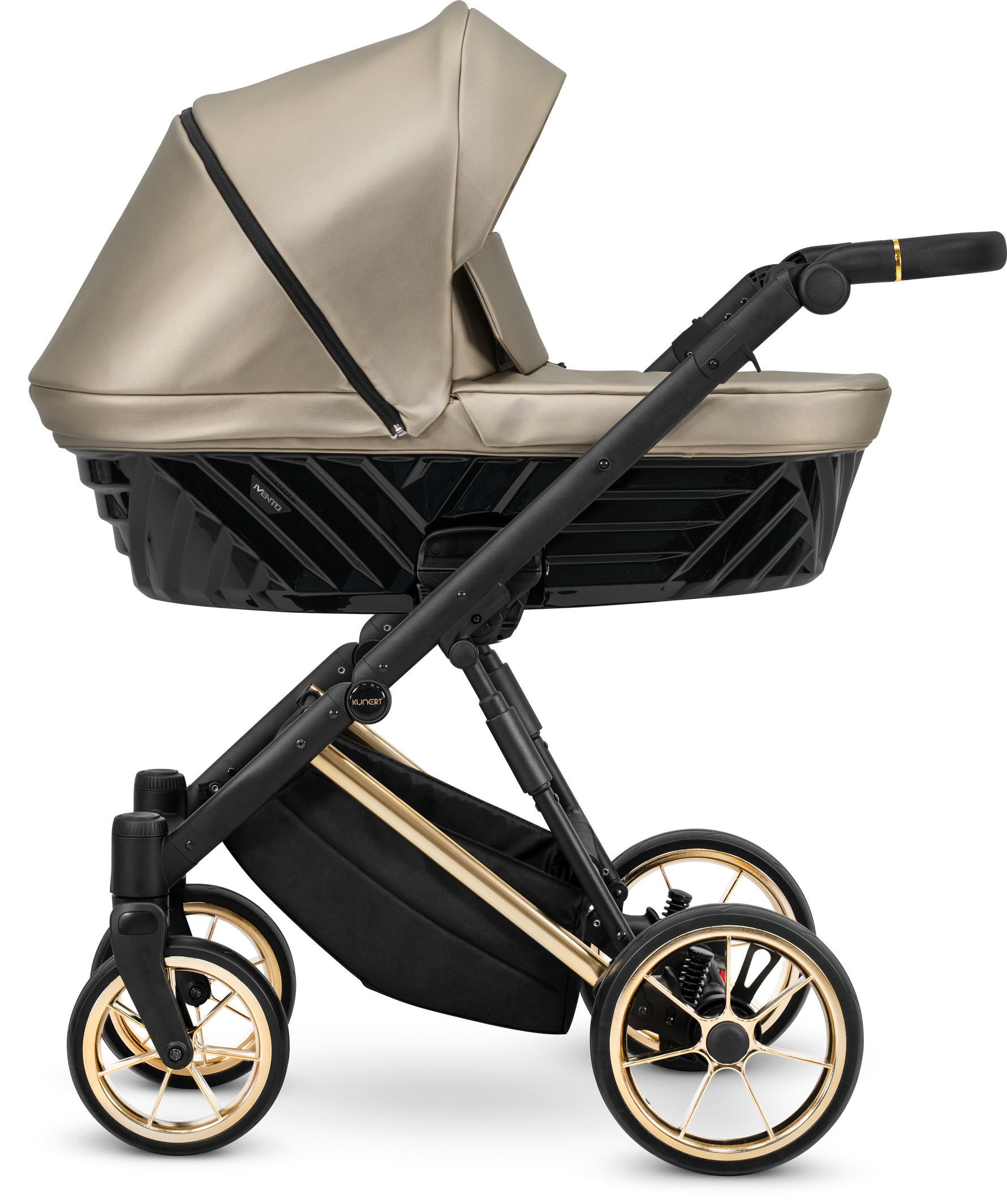 Navicella Kunert Ivento ecopelle beige dorato con telaio nero e barra oro, ruote cerchi dorati, vista laterale