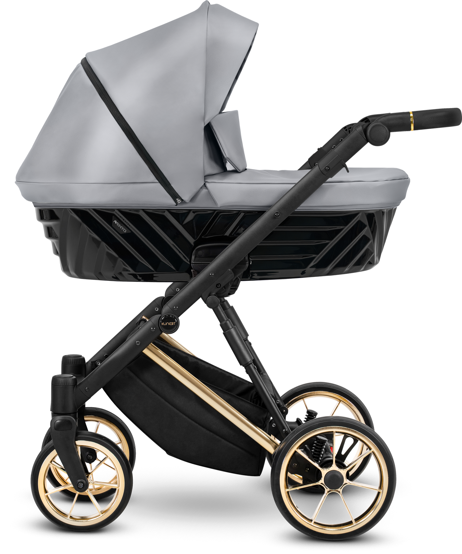 Navicella Kunert Ivento in ecopelle grigio metallizzato con telaio nero, barra dorata e ruote con cerchi oro