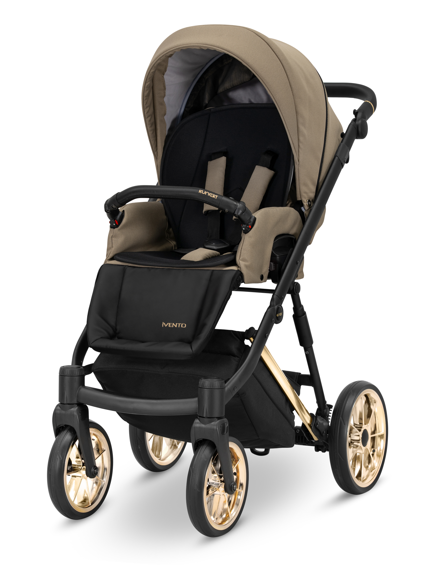 Passeggino Kunert Ivento Caramel Macchiato – seduta reclinabile in tessuto beige, cerchi dorati