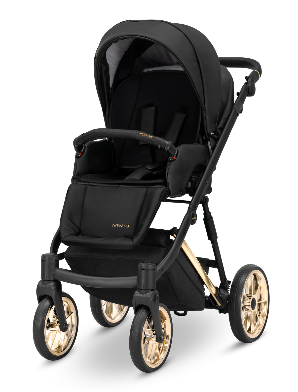 Passeggino Kunert Ivento seduta Black Pearl nero con ruote oro, seggiolino reclinabile cinture 5 punti
