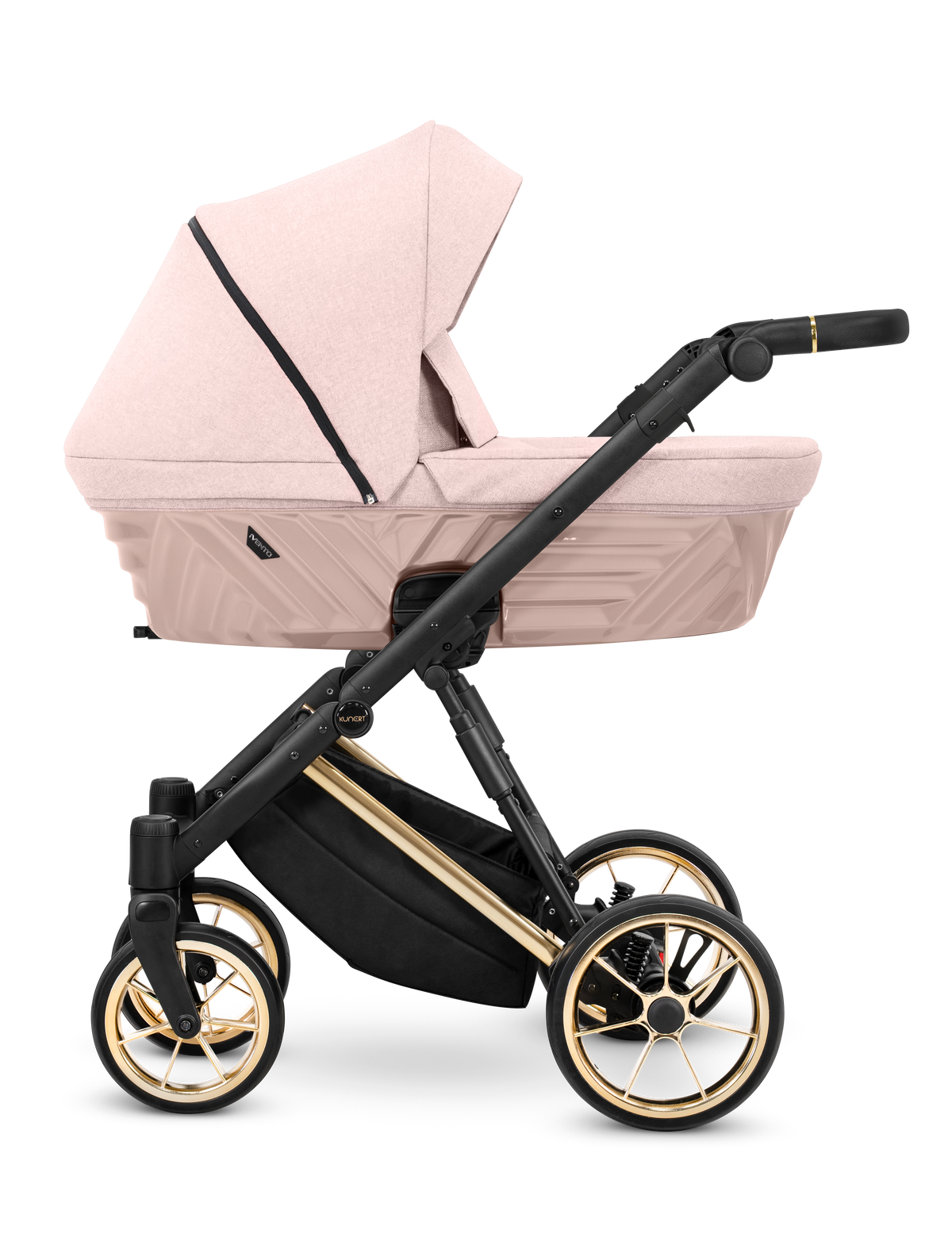 Carrozzina Kunert Ivento Smoky Pink – navicella rosa cipria in tessuto, manico regolabile e ruote oro