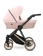 Carrozzina Kunert Ivento Smoky Pink – navicella rosa cipria in tessuto, manico regolabile e ruote oro